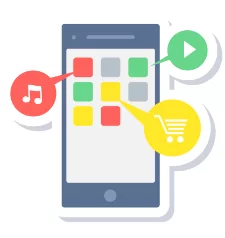 cône d'un téléphone mobile affichant une application avec des boutons d'interaction, représentant une application mobile