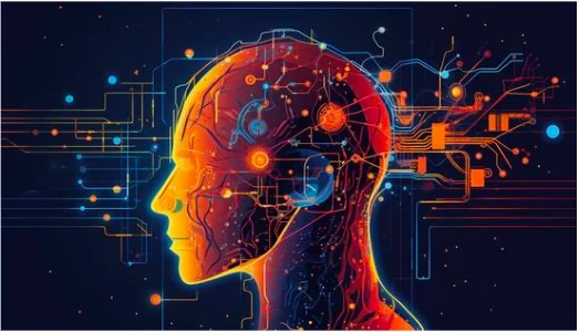 Illustration d’un cerveau humain stylisé connecté à un réseau numérique, représentant l’intelligence artificielle.