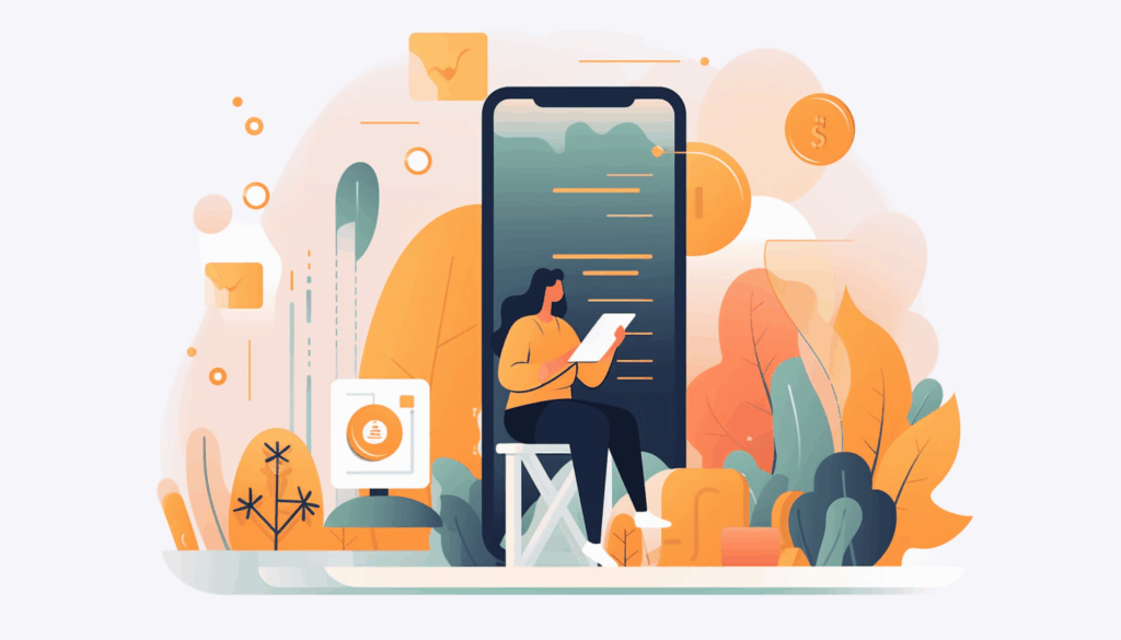 Femme lisant sur tablette devant un smartphone géant, entourée de feuilles et d’icônes numériques.