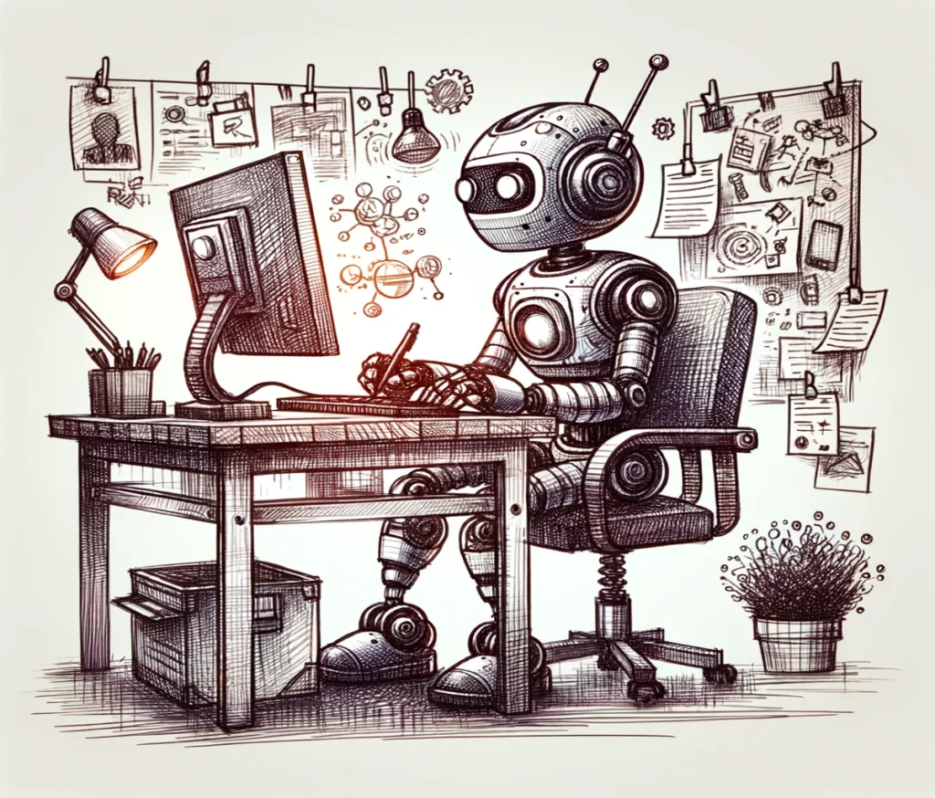 Dessin stylisé d’un robot assis à un bureau, concentré devant un ordinateur, représentant l’intelligence artificielle en action.