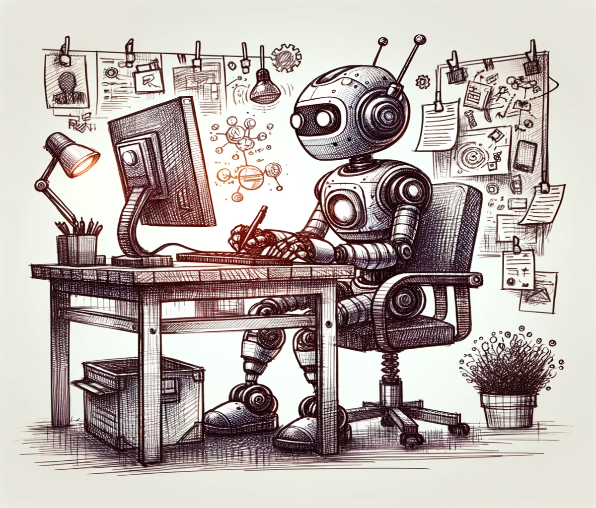 Dessin stylisé d’un robot assis à un bureau, concentré devant un ordinateur, représentant l’intelligence artificielle en action.