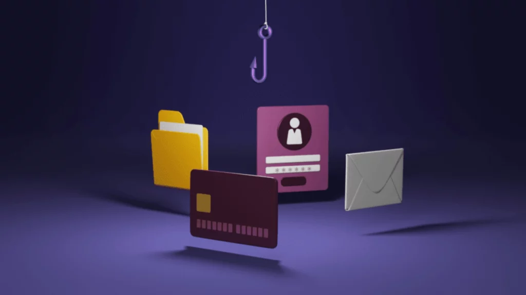 Illustration d’hameçonnage représentant un hameçon visant des données personnelles et financières.