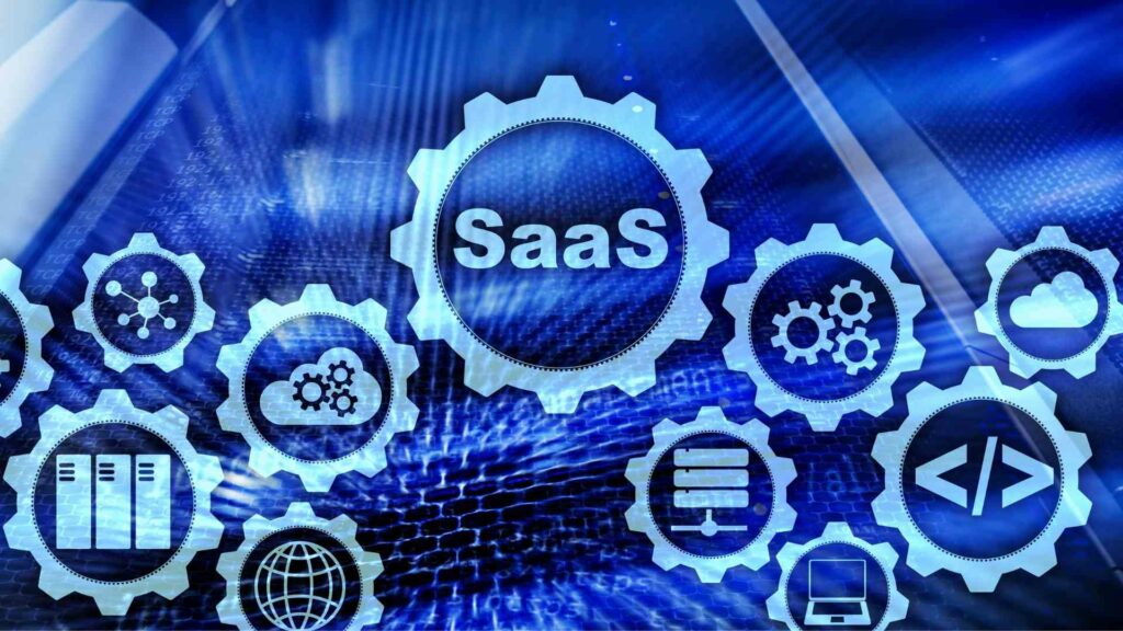 Rouages numériques illustrant le modèle SaaS avec des icônes technologiques sur fond bleu.