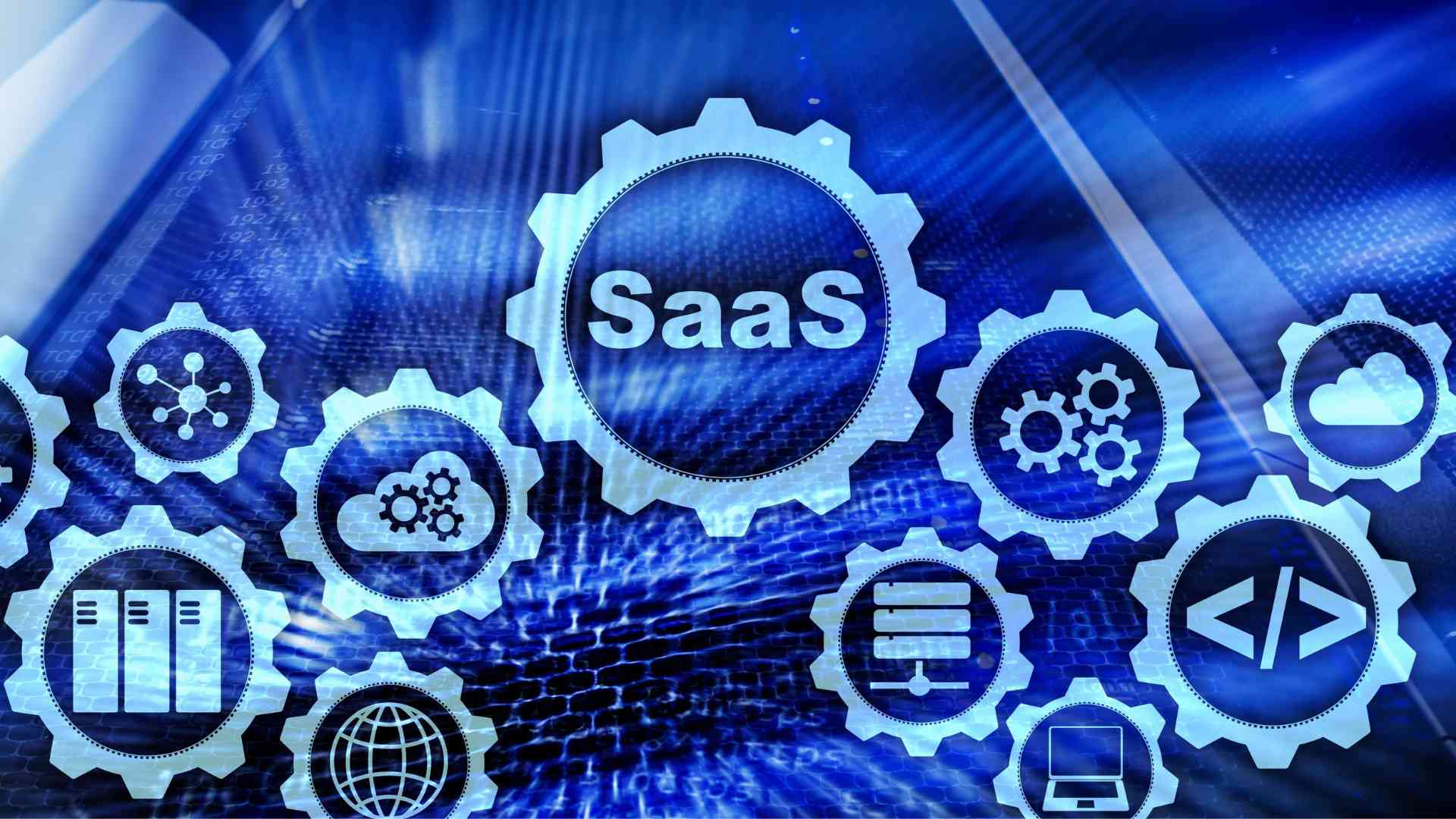 Rouages numériques illustrant le modèle SaaS avec des icônes technologiques sur fond bleu.