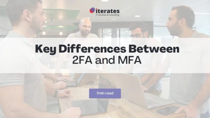 Un groupe de cinq hommes discutent autour d'une table, chacun avec un ordinateur portable. Le texte de la bannière au-dessus de l'image indique « Principales différences entre 2FA et MFA », avec un sous-titre indiquant une lecture de 7 minutes. Le logo « iterates IT Services & Consulting » s'affiche en haut.
