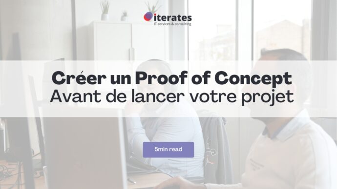 Deux collaborateurs travaillant sur ordinateur avec le texte « Créer un Proof of Concept avant de lancer votre projet ».