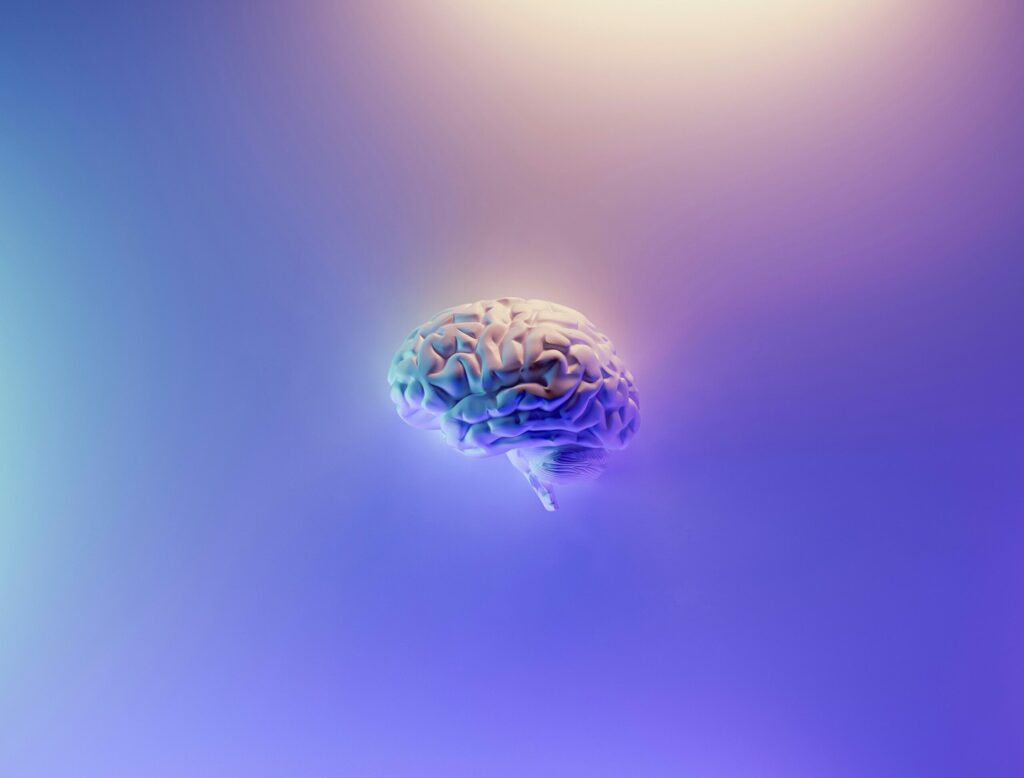 Cerveau humain en 3D flottant sur un fond dégradé violet et bleu.