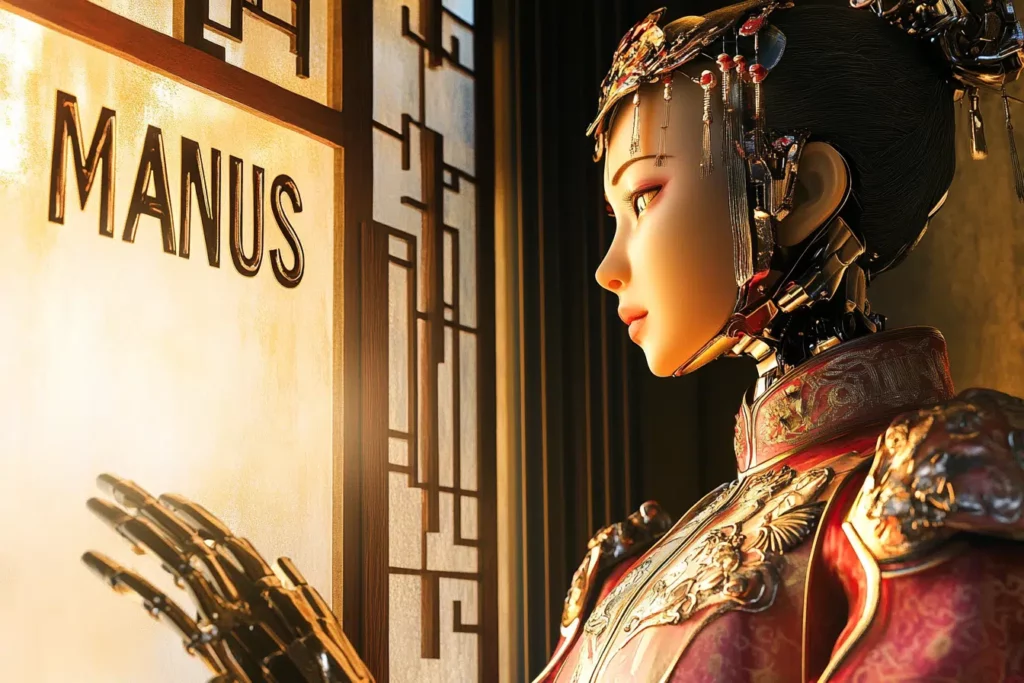 Androïde féminin en tenue impériale asiatique regardant à travers une fenêtre avec l’inscription « MANUS ».