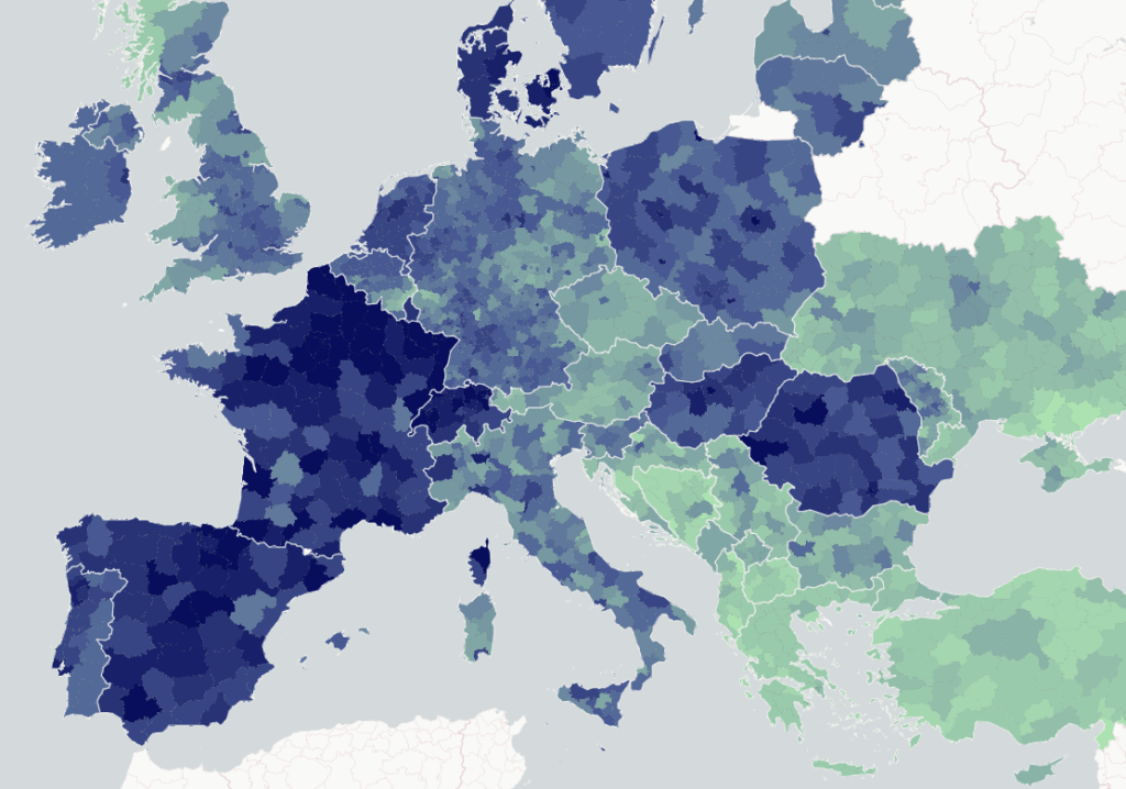 Carte de l'Europe montrant la répartition géographique des données avec des variations de couleur