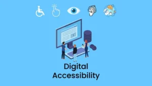 Illustration de l’accessibilité numérique montrant des utilisateurs interagissant avec un ordinateur, accompagnée d’icônes représentant différents types de handicaps.