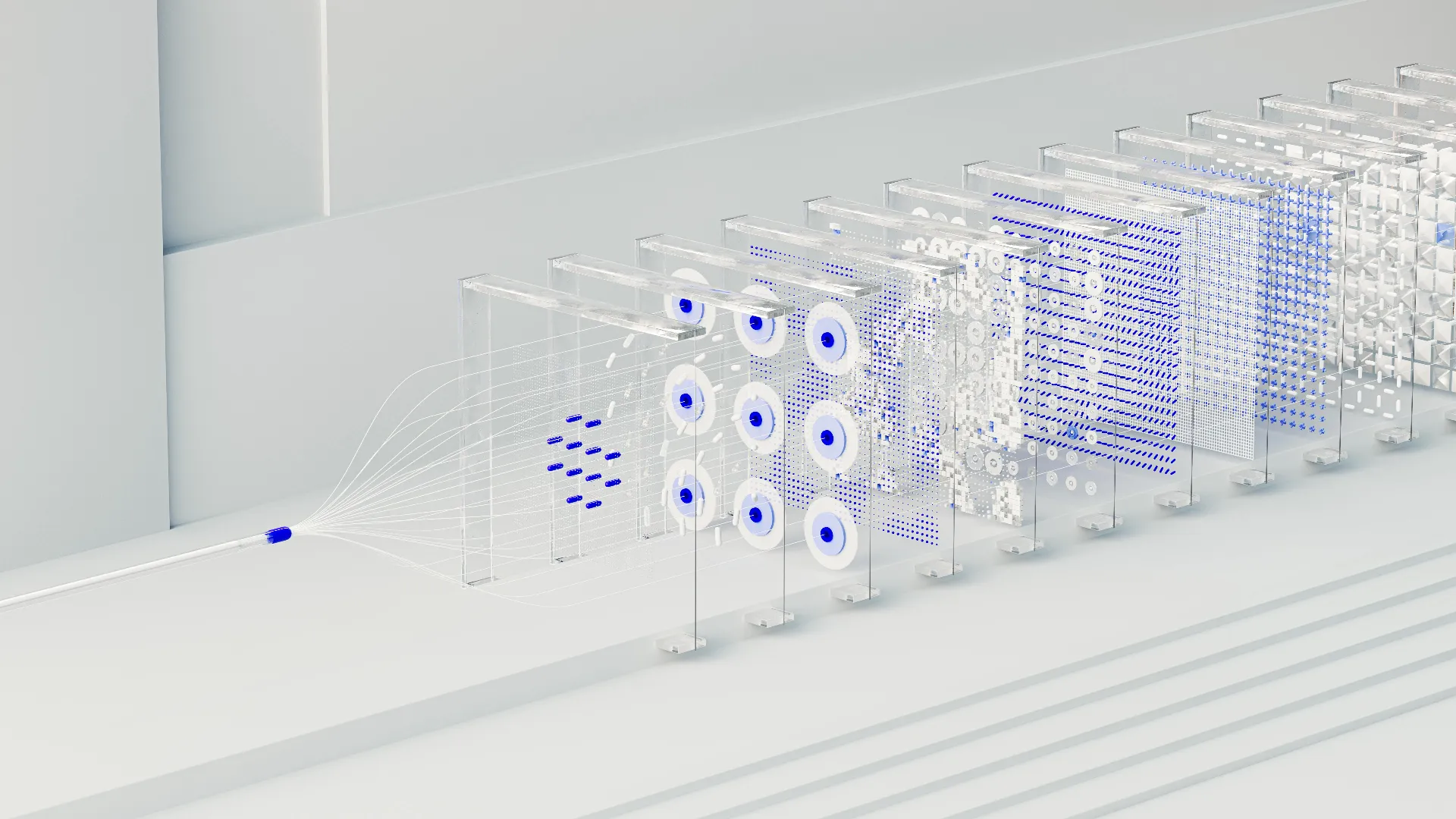 Illustration abstraite d’un réseau de neurones ou d’un processus de traitement de données numériques.