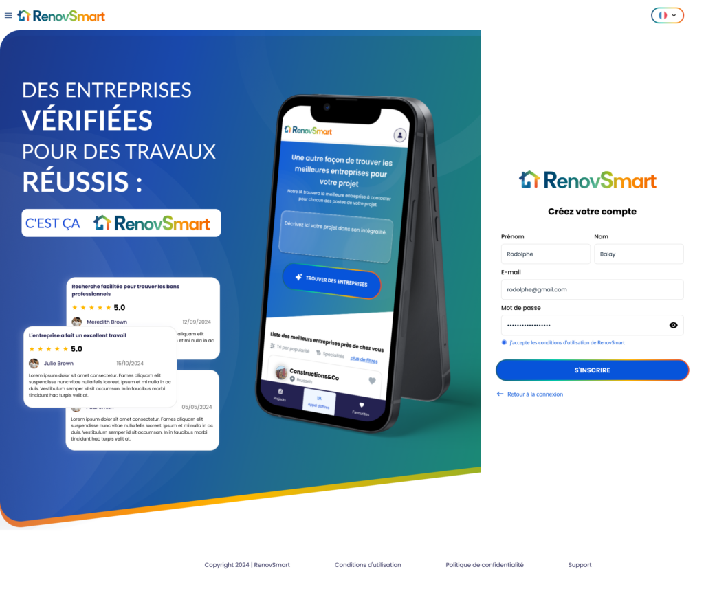 Interface d’inscription sur la plateforme RenovSmart pour trouver des entreprises du bâtiment vérifiées.