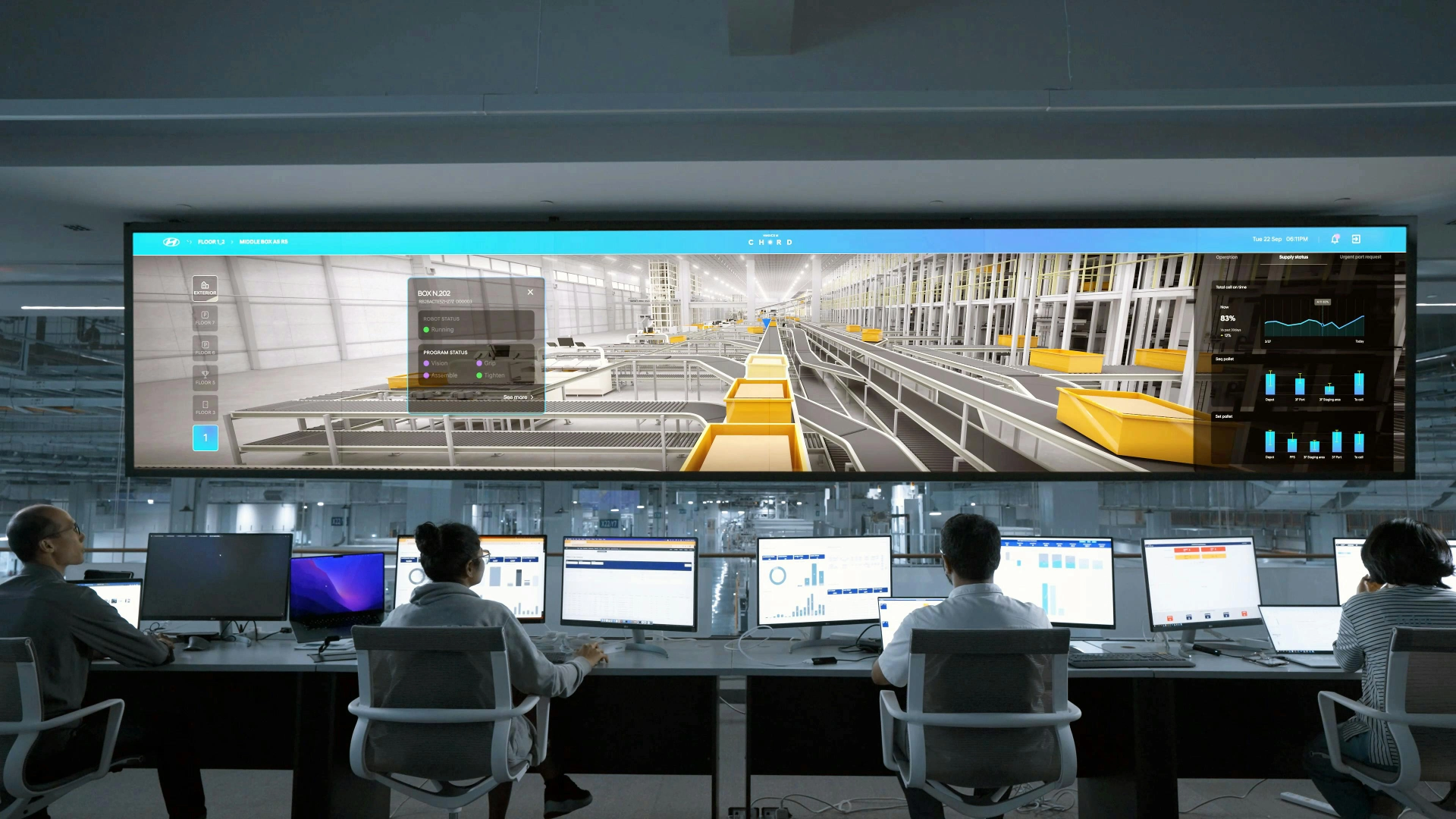 Trois opérateurs assis à un bureau de contrôle, surveillant des écrans d'ordinateur affichant des données de production et des graphiques. En arrière-plan, un grand écran montre une maquette 3D d'une chaîne de production automatisée avec des boîtes jaunes en mouvement sur un convoyeur.